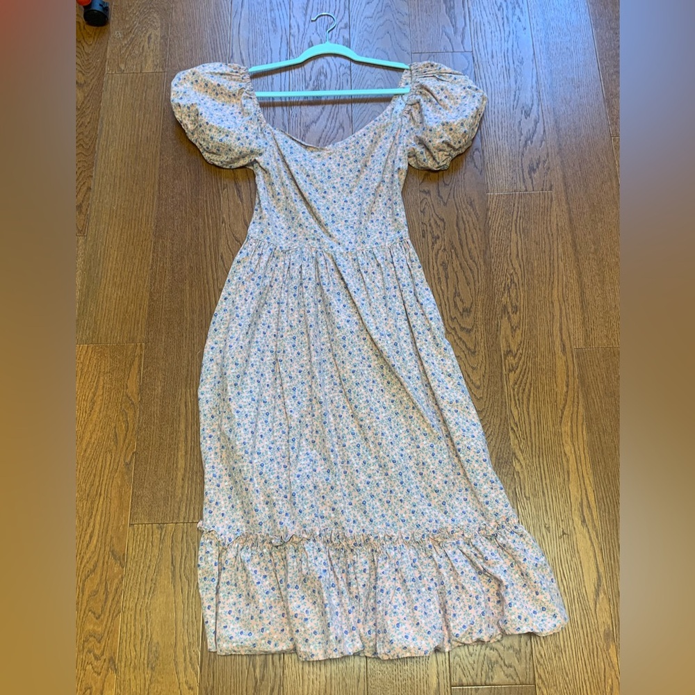 Vintage Light Pink & Blue Floral Midi Dress with Puff Sleeves